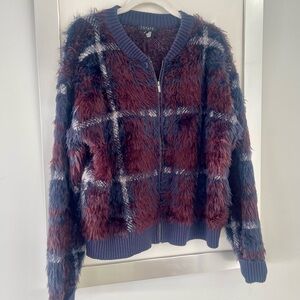 1. State eyelash yarn plaid bomber sweater / jacket